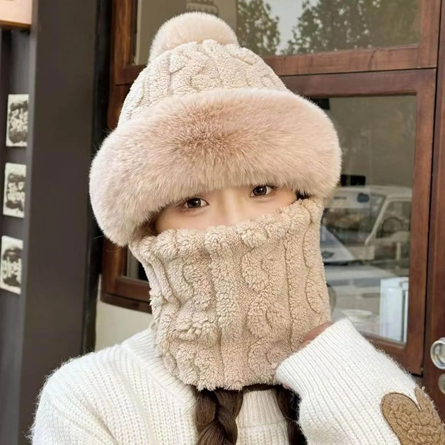 Women One Piece Slouchy Fleece Beanie Hats Scarf Mask Warm Winter Fuzzy Hat Thick Skull Ski Cap Pompom Faux Fur Hats