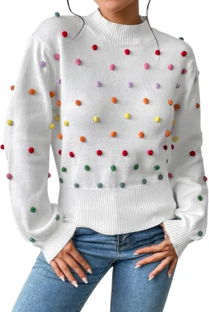 Women's Round Neck Colorful Ball Knit Pullover Sweater Rose Sweater Matching Sweater Sets for Women