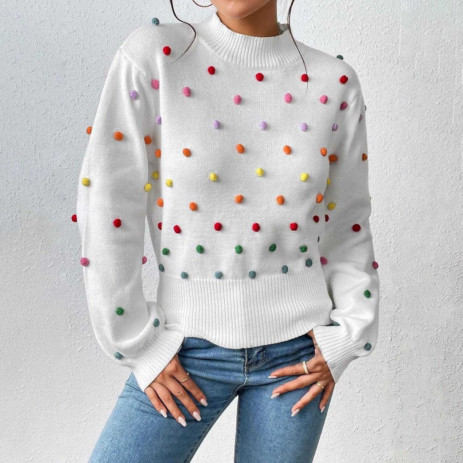 Women's Round Neck Colorful Ball Knit Pullover Sweater Rose Sweater Matching Sweater Sets for Women