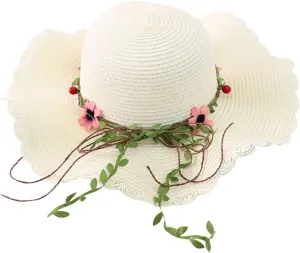 Womens Sun Hat Floppy Beach Summer Flower Straw Hats with Wide Brim Floral Wavy Caps Outdoor UPF 50  Sun Protective Visors